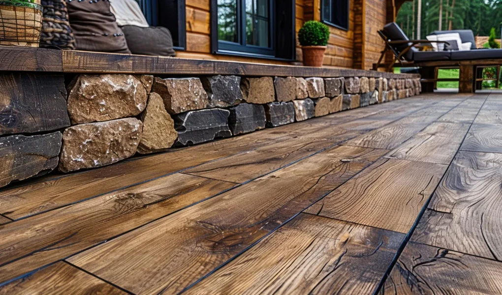 Połączenie kostki brukowej z drewnem w ogrodzie