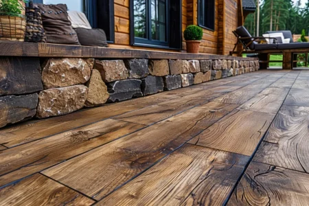 Połączenie kostki brukowej z drewnem w ogrodzie